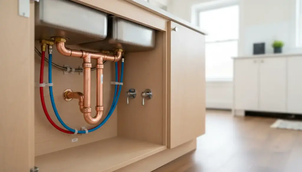 Copper and flexible supply lines finished under a kitchen sink cabinet