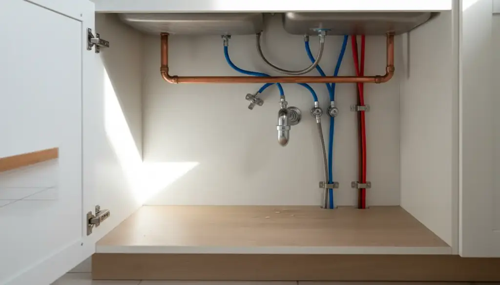 Copper and flexible supply lines under a kitchen sink cabinet